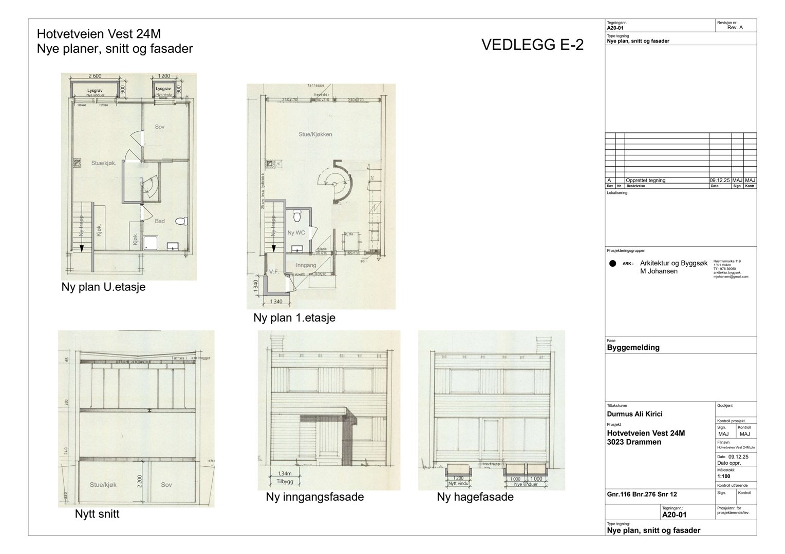 Bildet viser en samling tegninger inkludert etasjeplaner (U. etasje, 1. etasje), et snitt og fasader. Siden det inneholder flere tegningstyper, er 'floor_plan' den mest representative klassifiseringen for romfordeling og planløsning.