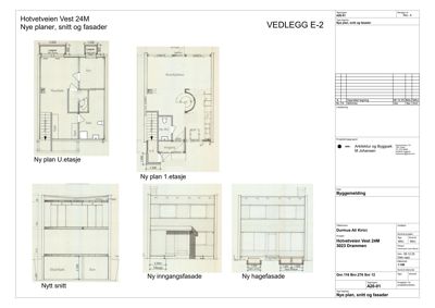 Bildet viser en samling tegninger inkludert etasjeplaner (U. etasje, 1. etasje), et snitt og fasader. Siden det inneholder flere tegningstyper, er 'floor_plan' den mest representative klassifiseringen for romfordeling og planløsning.