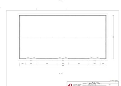 Detaljtegning av en konstruksjon, sannsynligvis en betongplate eller gulvplate med innstøpte elementer (f.eks. armatur eller isolasjon) og angitte mål.
