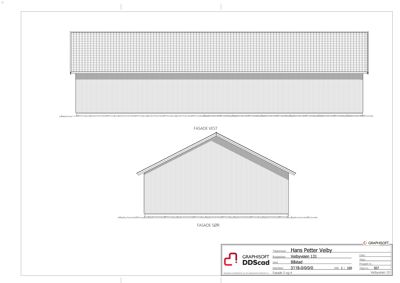 Fasadetegning som viser bygningens utseende fra vest og sør.