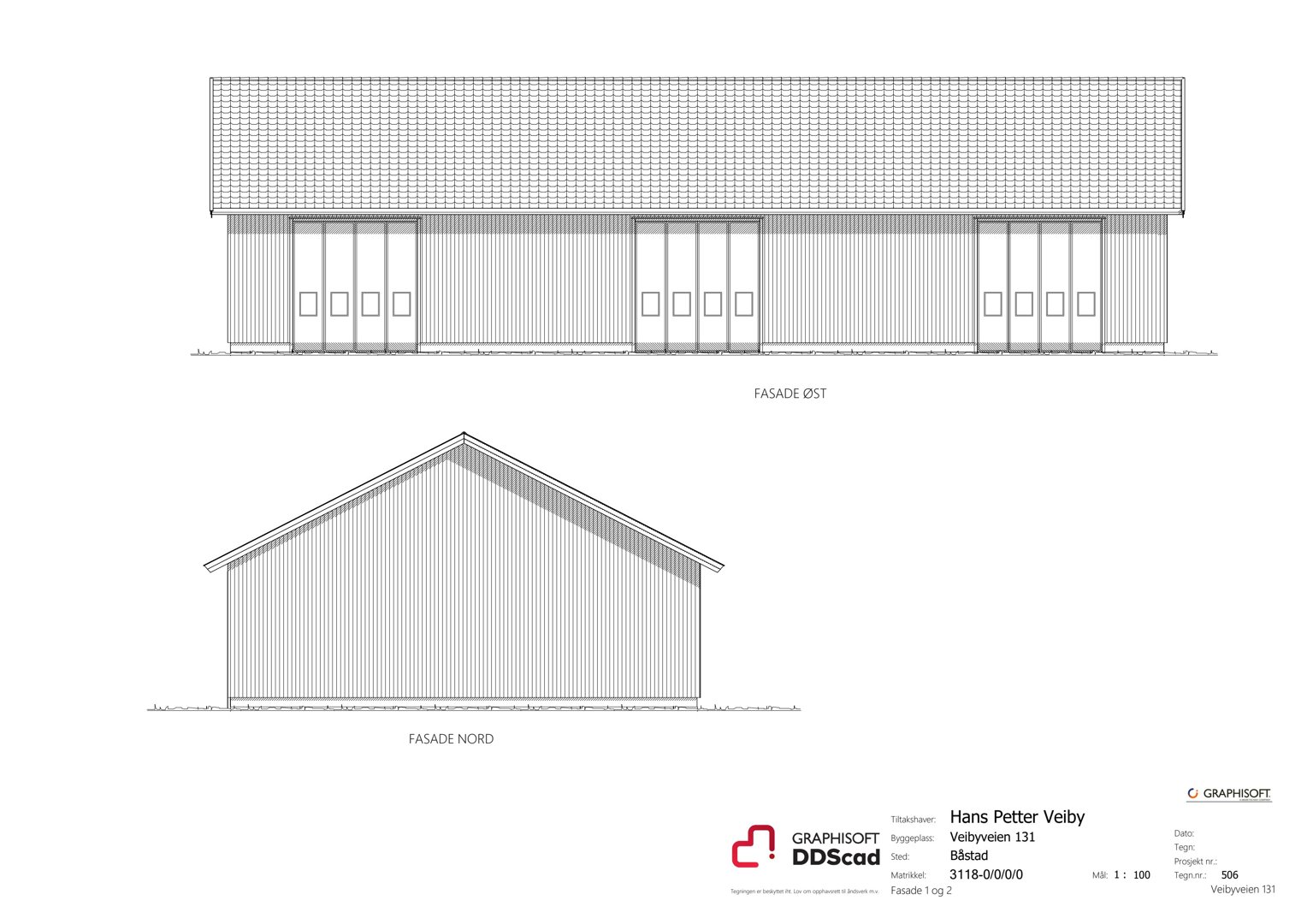 Tegning som viser fasadeopprikk for bygningen sett fra øst og nord.