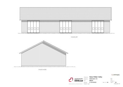 Tegning som viser fasadeopprikk for bygningen sett fra øst og nord.