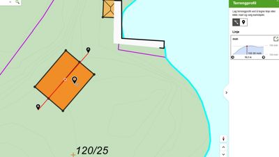 Kartutsnitt fra et digitalt verktøy som viser et tomt med konturlinjer, en bygning (orange), en vei (svart) og en vannflate (blå).