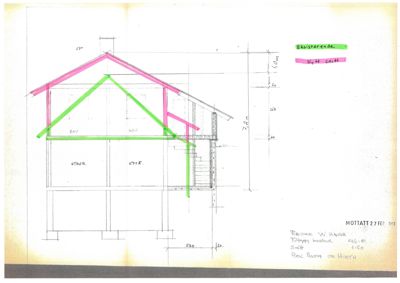 Snittegning som viser bygningens tverrsnitt, takkonstruksjon og romoppdeling (stue, kjøkken).
