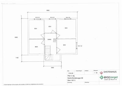 Etasjeplan (Plan 2. etg) som viser romfordeling med soverom (SOV), bod og gang, samt døråpninger og trapp.