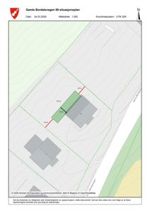 Situasjonsplan for Gamle Bordalsvegen 89 som viser tomtens grenser, eksisterende bygninger, terrengforhold (konturlinjer) og planlagt utvidelse av bygning.