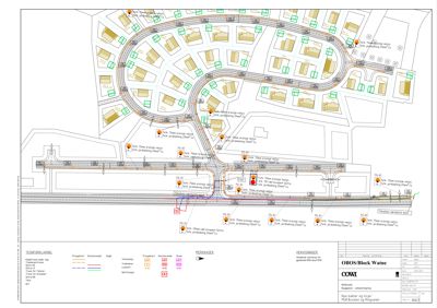 Situasjonsplan som viser plassering av nye veier (Tilleggsveier) i forhold til eksisterende infrastruktur, bygninger og tomter i et område kalt OBOS/Block Watne.