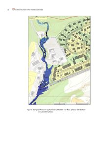 Et kart som viser en beregnet flomsone og flomkoter for Åsen gård, inkludert klimafaktor.
