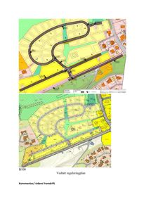 Bildet viser to kart som viser et område med vei- og bebyggelsesplaner. Teksten 'Vedtatt reguleringsplan' bekrefter at det er et kart over et regulert område.