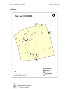 Kart over arkeologisk undersøkelse på Åsen gård, som viser funn av kokegrop og avskrevne områder.