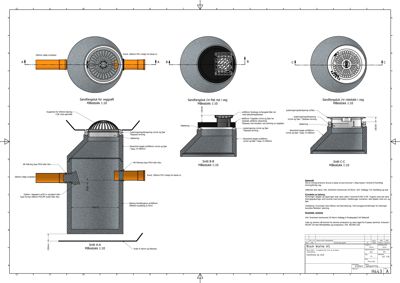 Snittegning som viser detaljer for sandfangskur og rørforbindelser i et vann- eller avløpsanlegg.