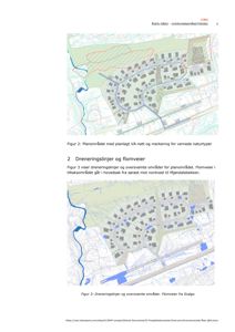 Bildet viser to kart som illustrerer planområdet for Åsen Gård, inkludert VA-nett, vernede naturtyper og dreneringslinjer.
