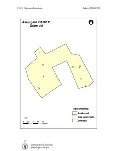 Situasjonsplan som viser et utgravd område (Åsen gård) med tegnforklaring for avskrevne og undersøkte deler.
