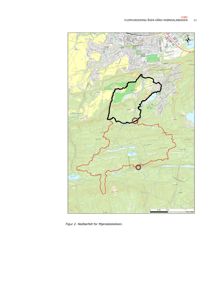Et kart som viser nedbørfeltet for Myndalsbekken med topografiske detaljer og utvalgte punkter.