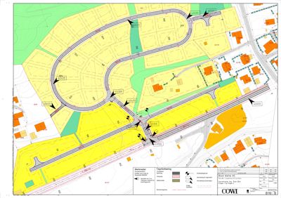 Situasjonsplan som viser tomtedeling, veisystem, høydemålinger og bebyggelse i et område.