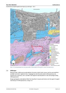 En kvartærgeologisk kart som viser jordmasser og geologi i et planområde.