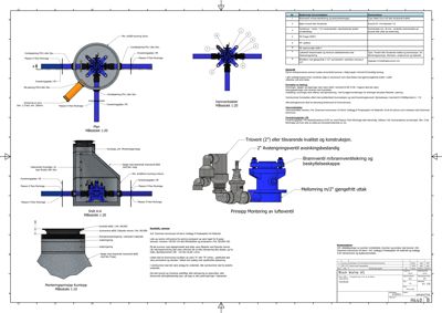Detaljtegning for montering av luftventil, inkludert snitt, plan og prinsipp for installasjon.