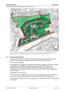 Et kart som viser et område med to delområder (DEL 1 og DEL 2) markert i grønt, samt en svart sirkel som indikerer et potensielt ustabiltsområde. Kartet er en del av en geoteknisk vurdering.