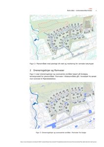 Bildet viser to situasjonsplaner (Figur 2 og Figur 3) for et planområde som heter 'Åsen gård'. Planene illustrerer plassering av bygninger, VA-nett, flomveier, drenerslinjer og vernede naturtyper.