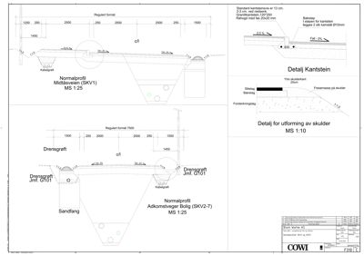 Tegning som viser detaljerte snitt og profileringer for kantstein, skulder og drenering i en vei.
