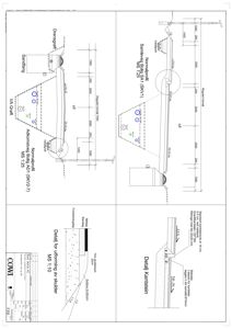 Tegning som viser detaljerte oppriss og snitt av en vei, inkludert kantstein, skulder, reguleringshøyder og overgang mellom ulike nivåer.