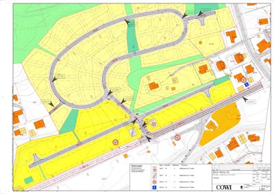 Situasjonsplan som viser etasjeplaner, veier og tomtegrenser for et boligfelt.