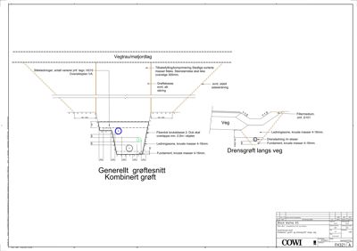 Tegning som viser et tverrsnitt av en grøft med detaljer om konstruksjon, fyllmasser og ledninger.