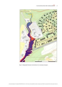 Kart som viser beregnede flomsoner (fargekodet) i forhold til eksisterende bygninger og terrengforhold.
