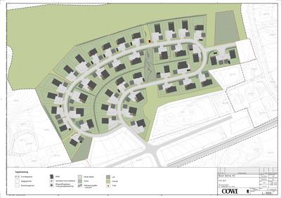 Situasjonsplan som viser plassering av bygninger, veier og arealer (bebyggelse, grønt) på en tomt.