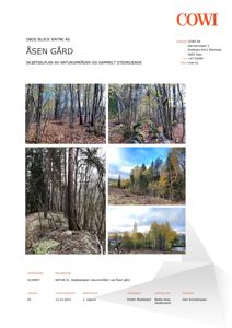 Dette bildet er en dokumentoversikt (cover page) for en skjøtselsplan. Den inneholder flere fotografier av et skogområde (Åsen gård) og tekst med prosjektinformasjon.