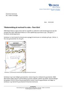 Bildet viser en kartutsnitt (Kartskisse 1) hentet fra historisk plan og bygg i Drammen kommune, som illustrerer eiendomsgrenser og grensemerker.