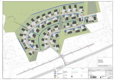 Situasjonsplan som viser tomtens form, beliggenhet i forhold til nabolag, veisystem og plassering av planlagte boliger.