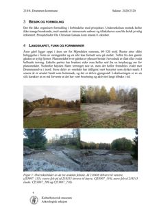 Fotografier av et arkeologisk felt med steingjerder og skog, inkludert en overskrift som beskriver bildene.