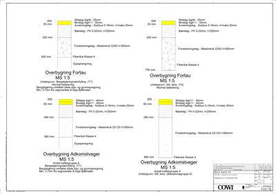 Tegning som viser detaljerte oppriss av overbygning for fortau og adkomstveier, med spesifikke lagtykkelser og materialer.