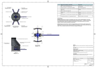 Tegning som viser detaljerte konstruksjoner for en varmeveksler, inkludert snitt (Snitt A-A) og oppriss med mål og materialbeskrivelser.