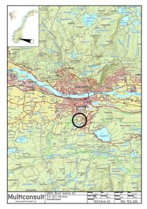 Et oversiktskart over Krokstadelva og omegn, med en svart sirkel som markerer et spesifikt område.
