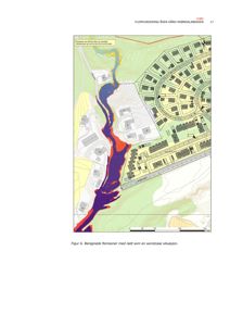 Kart som viser beregnede flomsoner (rødt og blått) i forhold til eksisterende bygninger og infrastruktur i Åsen Gård-Mjøndalsbekken-området.