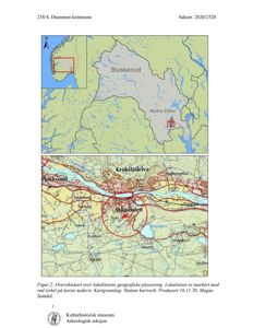 Et oversiktskart som viser geografisk plassering av en lokalitet i Buskerud, med merking av regioner og en rød sirkel rundt Mjondalen.