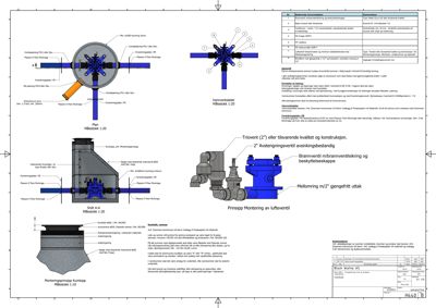 Detaljtegning av en brannventil med tilhørende komponenter, monteringsanvisning og teknisk beskrivelse.
