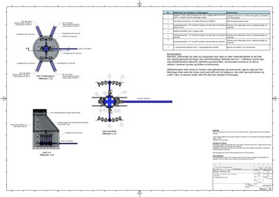 Tegning som viser detaljerte konstruksjonsløsninger for en ventilasjonsanlegg, inkludert snitt (Snitt A-A), planer og oppriss av komponenter.