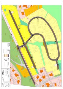 Situasjonsplan som viser en ny veioppgradering med nye veiforbindelser, eksisterende bebyggelse og arealbruk i omgivelsene.