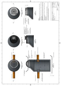 Tegning som viser detaljerte snitt og utsnitt av en ventilasjonsutstyr (sandfangskåp), med mål, materialbeskrivelser og konstruksjonsdetaljer.