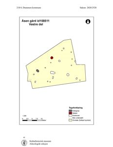 Kart over et arkeologisk funnområde (Åsen gård) med tegnforklaring for ulike funntyper.