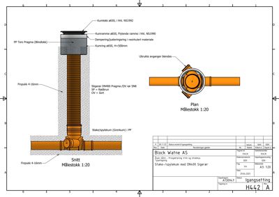 Tegning som viser detaljert oppriss av en målestokk (målerør) med tilhørende rørfittings og konstruksjonsdetaljer.