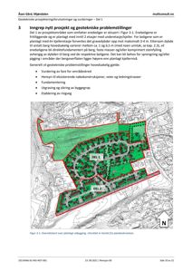 Oversiktskart over planlagt utbygging (Del 1 og Del 2) med topografi, beplantning og byggefelt.