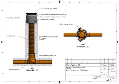 Tegning som viser detaljert snitt og plan av en målestokk med tilhørende rørforbindelser.