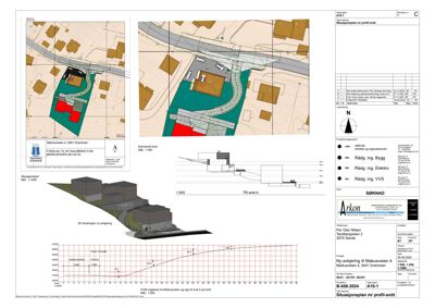 Situasjonsplan med profil-snitt for en ny avkjøring til Mokusveien 4, 3041 Drammen. Bildet viser tomtens beliggenhet, naboeiendommer, terrengprofil og 3D-visualisering av avkjøringen.