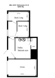 Plantegning av kjelleretasje med romfordeling (bod, teknisk rom, garasje) og mål.