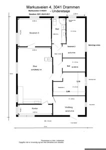 Etasjeplan for underetasjen i en bolig på Markusveien 4, Drammen. Planen viser romfordeling, mål på rom og veggtykkelser.