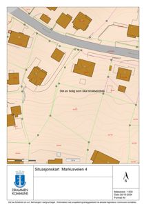 Situasjonskart som viser tomt, bygninger, veier og topografi for Markusveien 4.